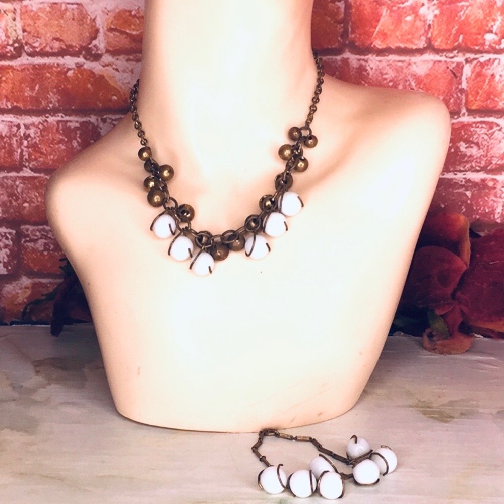 Vintage MCM Opalite and Brass Drop Necklace and Bracelet Set